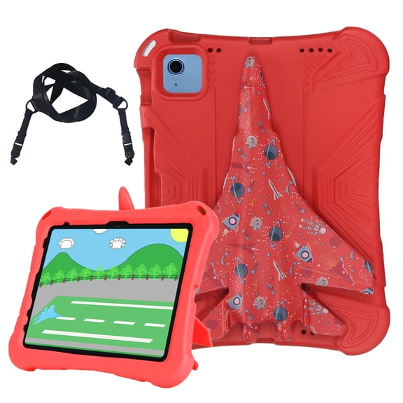 Allytechgroup Colorful Airplane Kids Case for Apple iPad Pro 11 2018/2020/2021/2022 1st 2nd 3rd 4th Gen/ iPad 10th Gen/ iPad Air 4 5 with Shoulder Strap, EVA Shockproof Kids Friendly Stand,Red