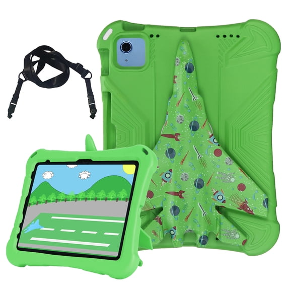 Allytechgroup Colorful Airplane Kids Case for Apple iPad Pro 11 2018/2020/2021/2022 1st 2nd 3rd 4th Gen/ iPad 10th Gen/ iPad Air 4 5 with Shoulder Strap, EVA Shockproof Kids Friendly Stand,Green