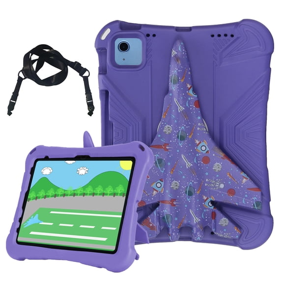 Allytechgroup Colorful Airplane Kids Case for Apple iPad Pro 11 2018/2020/2021/2022 1st 2nd 3rd 4th Gen/ iPad 10th Gen/ iPad Air 4 5 with Shoulder Strap, EVA Shockproof Kids Friendly Stand,Purple