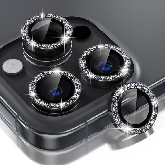 Allytechgroup Compatible for Apple iPhone 15 Pro Max Camera Lens Protector Bling, 9H Tempered Glass Camera Cover Screen Protector Metal Ring Decoration Accessories, Black