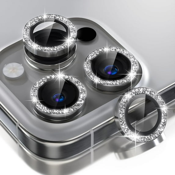Allytechgroup Compatible for Apple iPhone 16 Pro Camera Lens Protector Bling, 9H Tempered Glass Camera Cover Screen Protector Metal Ring Decoration Accessories, Silver