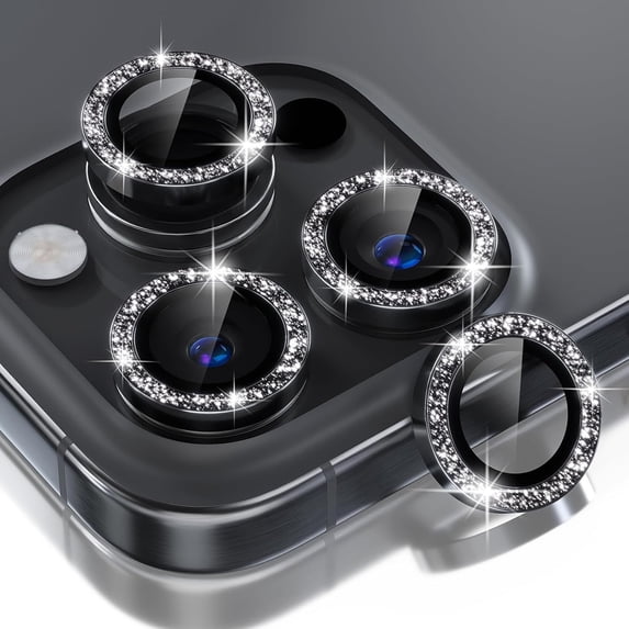 Allytechgroup Compatible for Apple iPhone 16 Pro Max Camera Lens Protector Bling, 9H Tempered Glass Camera Cover Screen Protector Metal Ring Decoration Accessories, Black