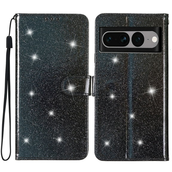 Allytechgroup Compatible with Google Pixel 7 Pro Case with Credit Card Slot, Slim Fit Flip Wallet Case with Lanyard Kickstand Shockproof Protective Back Cover for Women Girls, Black