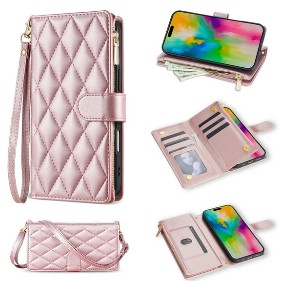 Allytechgroup Compatible with Google Pixel 8 Flip Case with Lanyard, PU Leather Credit Card Slot Shockproof Protective Back Cover Phone Wallet Case with Shoulder Strap for Google Pixel 8, Rosegold
