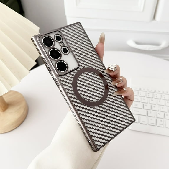 Allytechgroup Compatible Magsafe Phone Case for Samsung Galaxy S24 Ultra, Carbon Fiber Hard Shell Anti-Scratch Wireless Charging Support Slim Fit Cover Case for Women Men, Gray