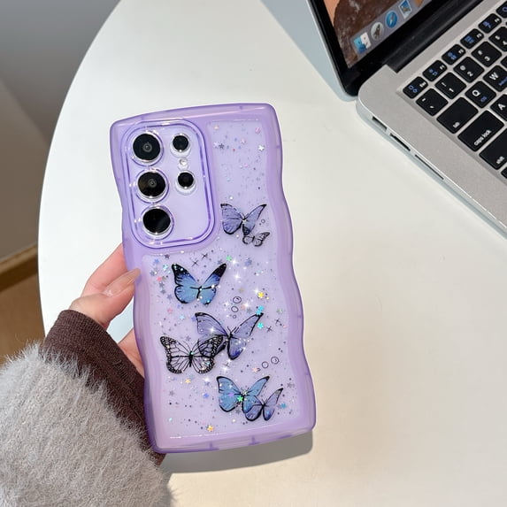 Allytechgroup Compatible with Samsung Galaxy S21 FE Case, Clear Shockproof Soft Cover Butterfly Printed Design Soft TPU Protective Case with Air Cushion Corners for Women Girls, Purple