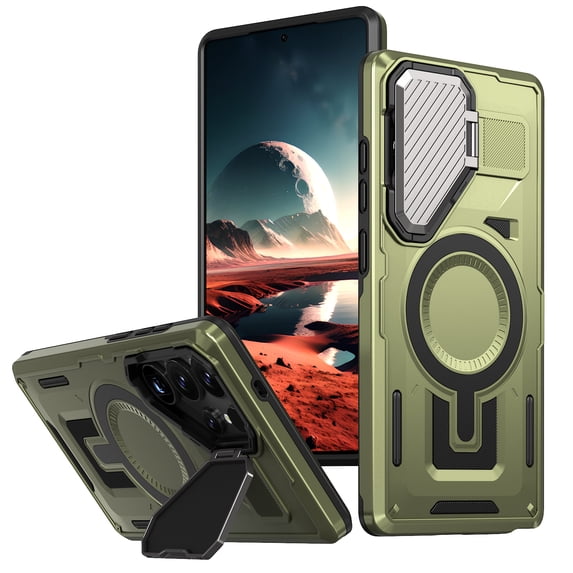 Allytechgroup Compatible with Samsung Galaxy S24+ Case with Camera Kiackstand, Compatible with MagSafe Military Grade Drop Protection Magnetic Phone Case for Women Men, Olivegreen