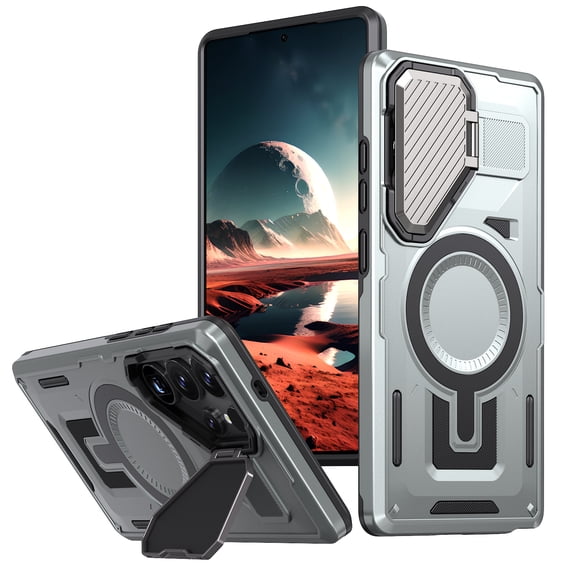 Allytechgroup Compatible with Samsung Galaxy S24+ Case with Camera Kiackstand, Compatible with MagSafe Military Grade Drop Protection Magnetic Phone Case for Women Men, Gray
