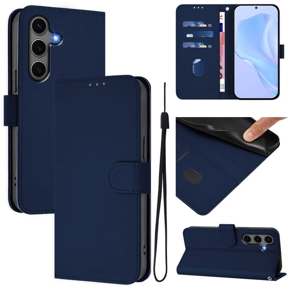 Allytechgroup for Samsung Galaxy S25 Plus Wallet Case with Lanyard, Credit Card Holder PU Leather Flip Kickstand Protective Shockproof Cover Women Men, Navyblue