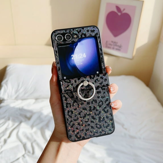 Allytechgroup Compatible with Samsung Galaxy Z Flip 3 with Ring, Slim Lightweight Phone Case for Women Mne Slim Fit Leopard Print Pattern Shockproof Anti-Scratch Drop Protection, Black
