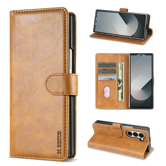 Allytechgroup Compatible with Samsung Galaxy Z Fold 6 Wallet Case, PU Leather Flip Case with Card Holders RFID Blocking Shockproof Protective Phone Cover for Women Men, Brown