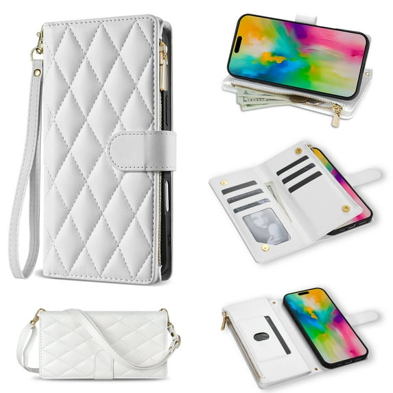 Allytechgroup Compatible with iPhone 11 Pro Max Flip Case with Lanyard, PU Leather Credit Card Slot Shockproof Protective Back Cover Phone Wallet Case with Shoulder Strap for iPhone 11 Pro Max, White