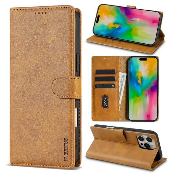 Allytechgroup Compatible with iPhone 12 Pro / 12 6.1" Wallet Case, PU Leather Flip Case with Card Holders RFID Blocking Shockproof Protective Phone Cover for Women Men, Brown