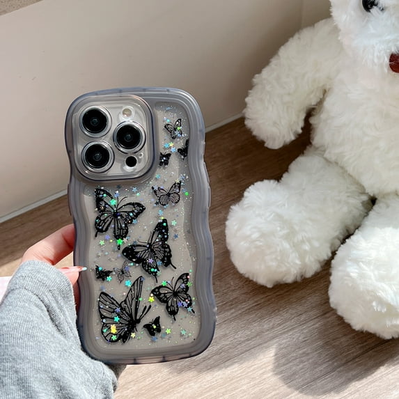 Allytechgroup Compatible with iPhone 15 Case, Clear Shockproof Soft Cover Butterfly Printed Design Soft TPU Protective Case with Air Cushion Corners for Women Girls, Black