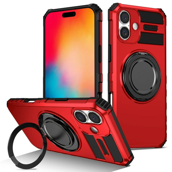 Allytechgroup Compatible with iPhone 16 Case with 1 Pack Screen Protector, Slim Fit 360° Ring Holder Shockproof Kickstand Magnetic Car Mount Supported Non-Slip Protective, for Women Men, Red