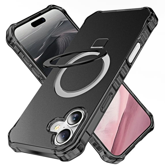 Allytechgroup Compatible with iPhone 16 Case with Stand, Compatible with Magsafe Built-in Rotatable Kickstand Military Grade Drop Protection Cover Bumper for iPhone 16, Black
