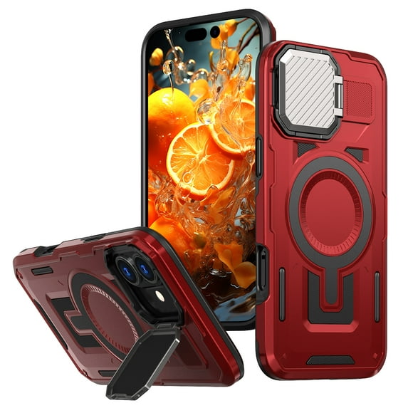 Allytechgroup Compatible with iPhone 16 Plus Case with Camera Kiackstand, Compatible with MagSafe Military Grade Drop Protection Magnetic Phone Case for Women Men, Red
