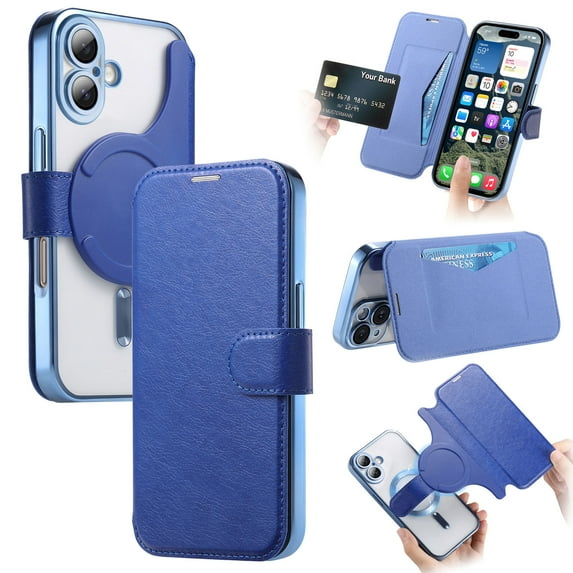 Allytechgroup Compatible with iPhone 16 Wallet Case with Camera Lens Protector, PU Leather Kickstand Card Slots Case Magnetic Shockproof Protective Back Cover Bumper for Women Men, Blue