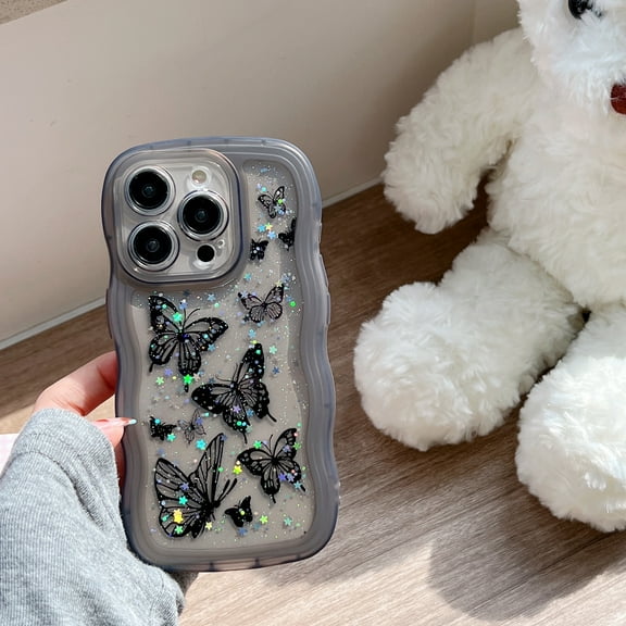 Allytechgroup Compatible with iPhone 16e Case, Clear Shockproof Soft Cover Butterfly Printed Design Soft TPU Protective Case with Air Cushion Corners for Women Girls, Black