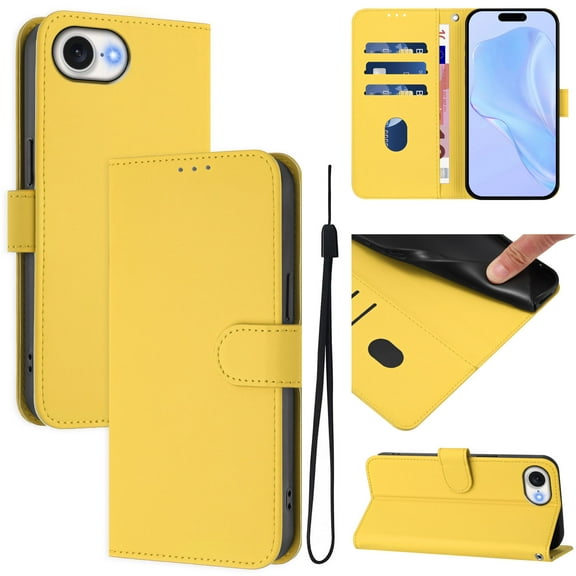 Allytechgroup for iPhone 16e/ iPhone 17e Wallet Case, Built-in Lanyard Credit Card Holder PU Leather Flip Kickstand Protective Shockproof Cover Women Men for iPhone 16e/ iPhone 17e, Lemon