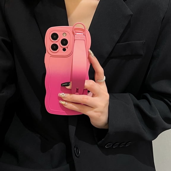 Allytechgroup Compatible with iPhone 17 Gradient Silicone Case, Multi-Function Hand Strap & Kickstand, Anti-Slip Shockproof Full-Body Soft Cover, Colorful Design for Women & Men, Rose