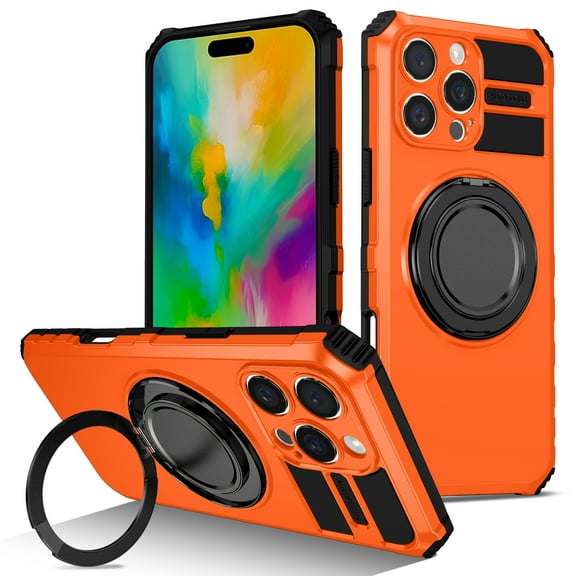 Allytechgroup Compatible with iPhone 17 Pro Max Case,  Slim Fit 360° Ring Holder Shockproof Kickstand Magnetic Car Mount Supported Non-Slip Protective Women Girls Men Boys Cover, Orange