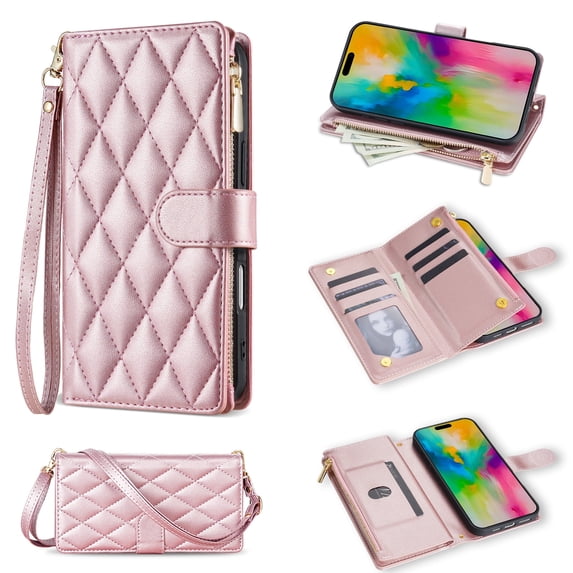 Allytechgroup Compatible with iPhone XR Flip Case with Lanyard, PU Leather Credit Card Slot Shockproof Protective Back Cover Phone Wallet Case with Shoulder Strap for iPhone XR, Rosegold