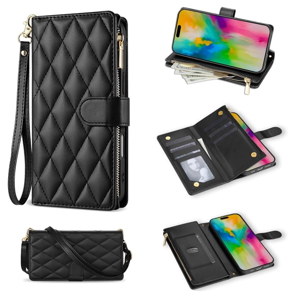 Allytechgroup Compatible with iPhone XR Flip Case with Lanyard, PU Leather Credit Card Slot Shockproof Protective Back Cover Phone Wallet Case with Shoulder Strap for iPhone XR, Black