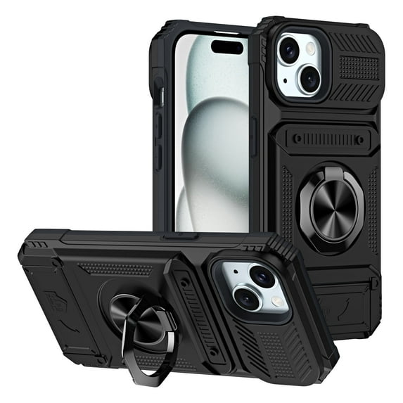 Allytechgroup Compatible with iPhone 14 Case,Shockproof Anti-Fingerprint Cover with Ring Stand,Card Slots,Magnetic Phone Case For iPhone 14, Black