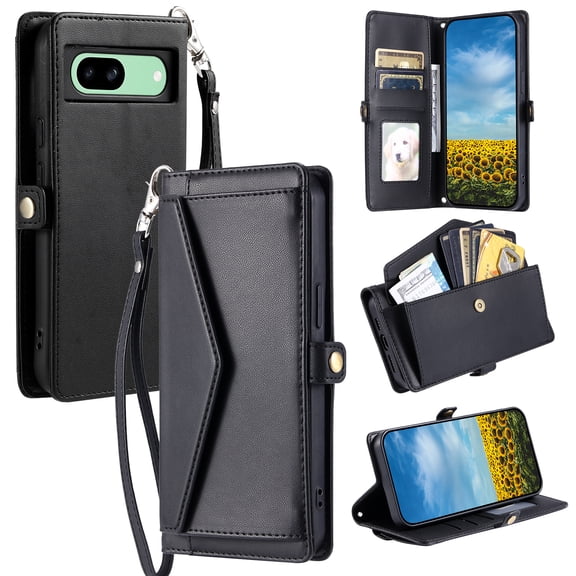 Allytechgroup Crossbody Bag Case for Google Pixel 6 Pro, Cash Pocket Cards Holder Hand Wrist Flip Stand Shockproof Anti-Scratch Phone Case for Google Pixel 6 Pro, Black