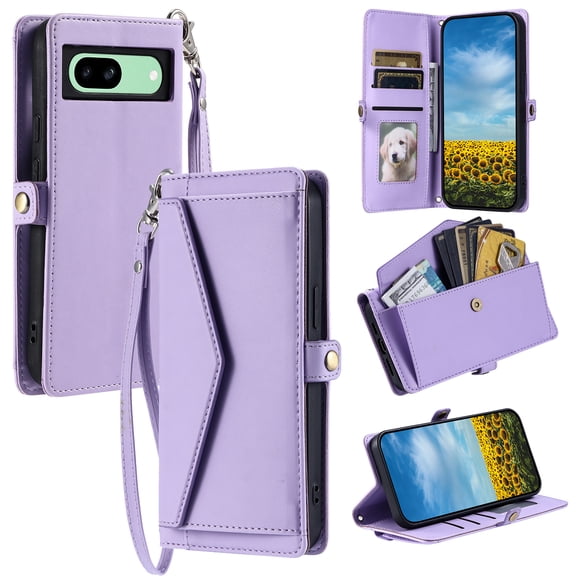 Allytechgroup Crossbody Bag Case for Google Pixel 7A, Cash Pocket Cards Holder Hand Wrist Flip Stand Shockproof Anti-Scratch Phone Case for Google Pixel 7A, Purple