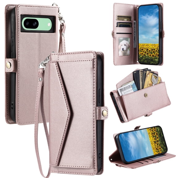 Allytechgroup Crossbody Bag Case for Google Pixel 8, Cash Pocket Cards Holder Hand Wrist Flip Stand Shockproof Anti-Scratch Phone Case for Google Pixel 8, Rosegold