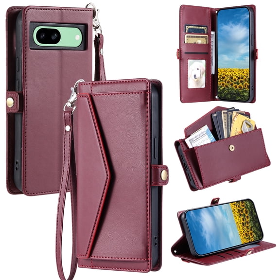 Allytechgroup Crossbody Bag Case for Google Pixel 9 Pro XL, Cash Pocket Cards Holder Hand Wrist Flip Stand Shockproof Anti-Scratch Phone Case for Google Pixel 9 Pro XL, Winered