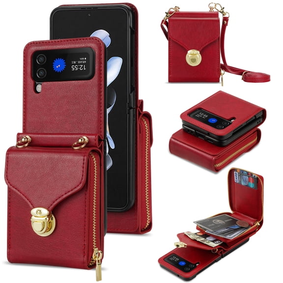 Allytechgroup Crossbody Shoulder Strap Wallet Case for Samsung Galaxy Z Flip 5, Cards Holder Premium PU Leather Bumper Shockproof Protective Wallet Cover with Metal Snap Zipper Pocket,Red