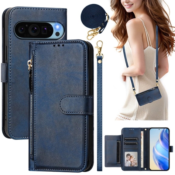 Allytechgroup Crossbody Strap Wallet Case for Google Pixel 10 /10 Pro, Flip Cover with Multiple Cards Slots RFID Blocking Anti-Scratch Cash Zipper Pocket Shockproof Cover Case for Women Men, Blue