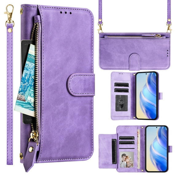 Allytechgroup Crossbody Strap Wallet Case for Samsung Galaxy S25 FE, Flip Cover with Multiple Cards Slots RFID Blocking Anti-Scratch Cash Zipper Pocket Shockproof Cover Case for Women Men, Purple