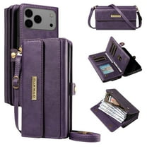 Allytechgroup Crossbody Wallet Case for Apple iPhone 17 Pro, Magnetic PU Leather Flip Protective Case Cover with RFID Blocking, 14 Card Slots Cash Pocket Zipper Pocket Shoulder Strap,Purple