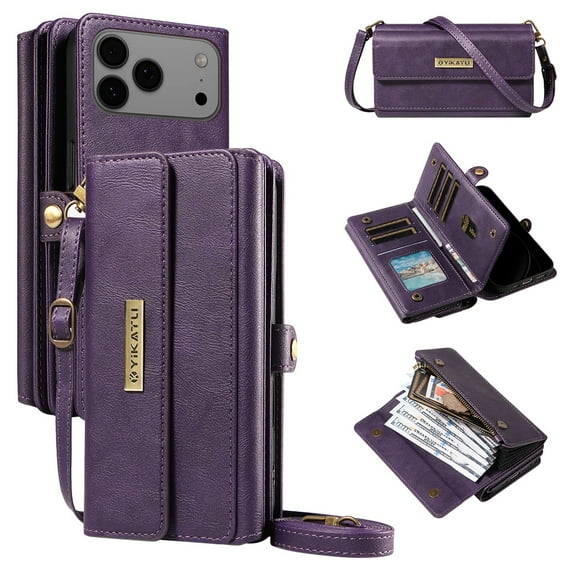 Allytechgroup Crossbody Wallet Case for Apple iPhone 17 Pro, Magnetic PU Leather Flip Protective Case Cover with RFID Blocking, 14 Card Slots Cash Pocket Zipper Pocket Shoulder Strap,Purple