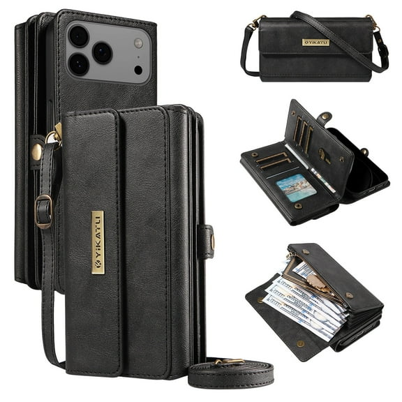 Allytechgroup Crossbody Wallet Case for Apple iPhone 17 Pro Max, Magnetic PU Leather Flip Protective Case Cover with RFID Blocking, 14 Card Slots Cash Pocket Zipper Pocket Shoulder Strap,Black