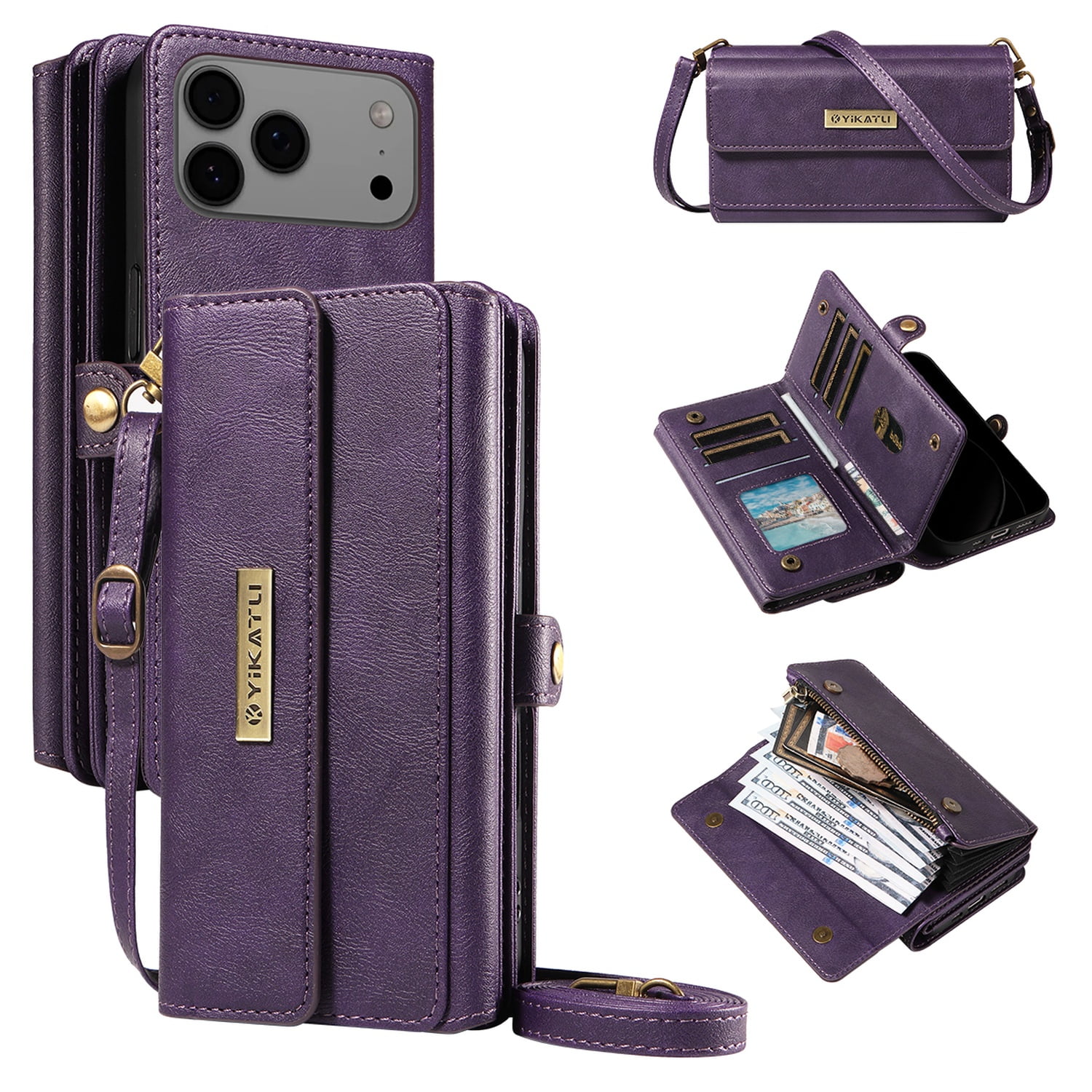 Allytechgroup Crossbody Wallet Case for Apple iPhone 17 Pro Max, Magnetic PU Leather Flip Protective Case Cover with RFID Blocking, 14 Card Slots Cash Pocket Zipper Pocket Shoulder Strap,Purple