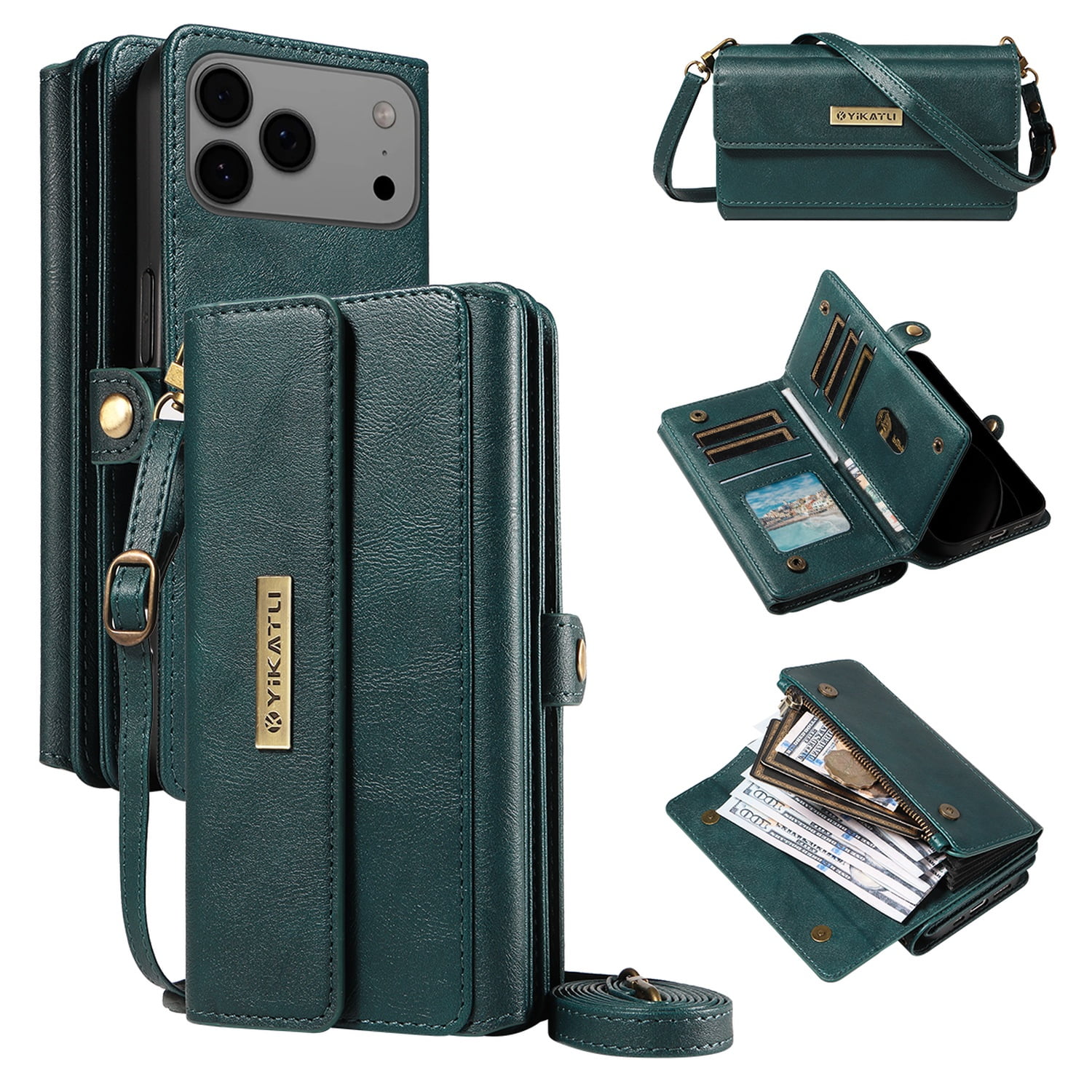 Allytechgroup Crossbody Wallet Case for Apple iPhone 17 Pro Max, Magnetic PU Leather Flip Protective Case Cover with RFID Blocking, 14 Card Slots Cash Pocket Zipper Pocket Shoulder Strap,Green
