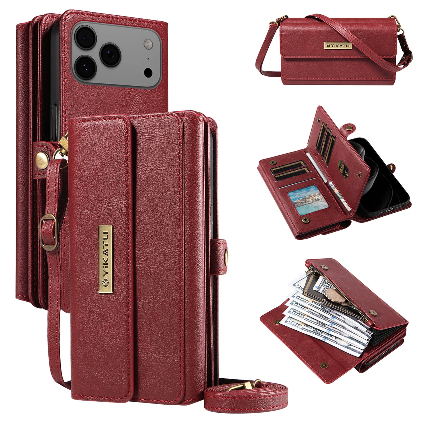 Allytechgroup Crossbody Wallet Case for Apple iPhone 17 Pro Max, Magnetic PU Leather Flip Protective Case Cover with RFID Blocking, 14 Card Slots Cash Pocket Zipper Pocket Shoulder Strap,Red