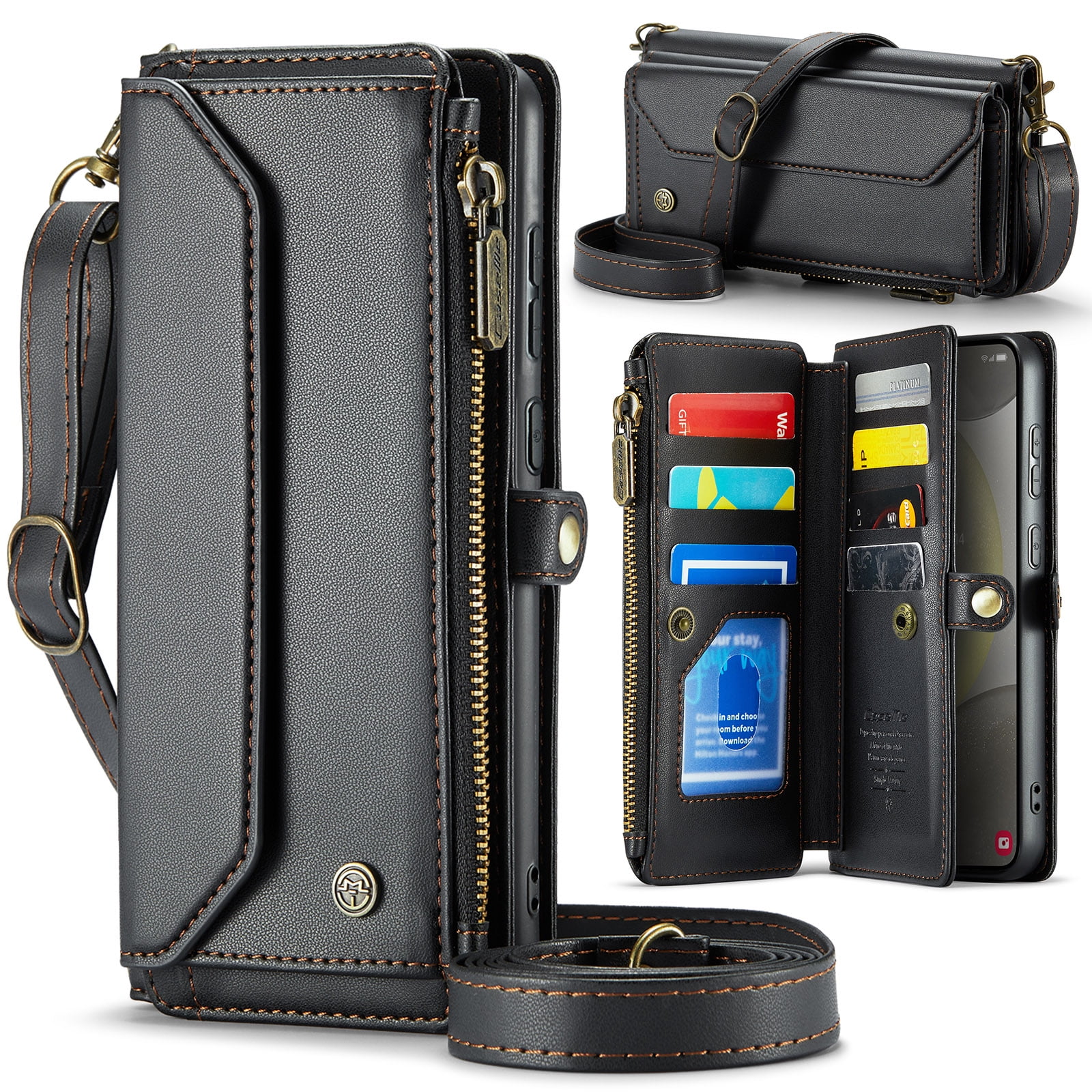Allytechgroup Crossbody Wallet Case for Samsung Galaxy A15 5G, Shoulder Strap Hand Wrist Cards Slots RFID Blocking Large Capacity Zipper Pocket  Shockproof Phone Case for Girls Women, Black