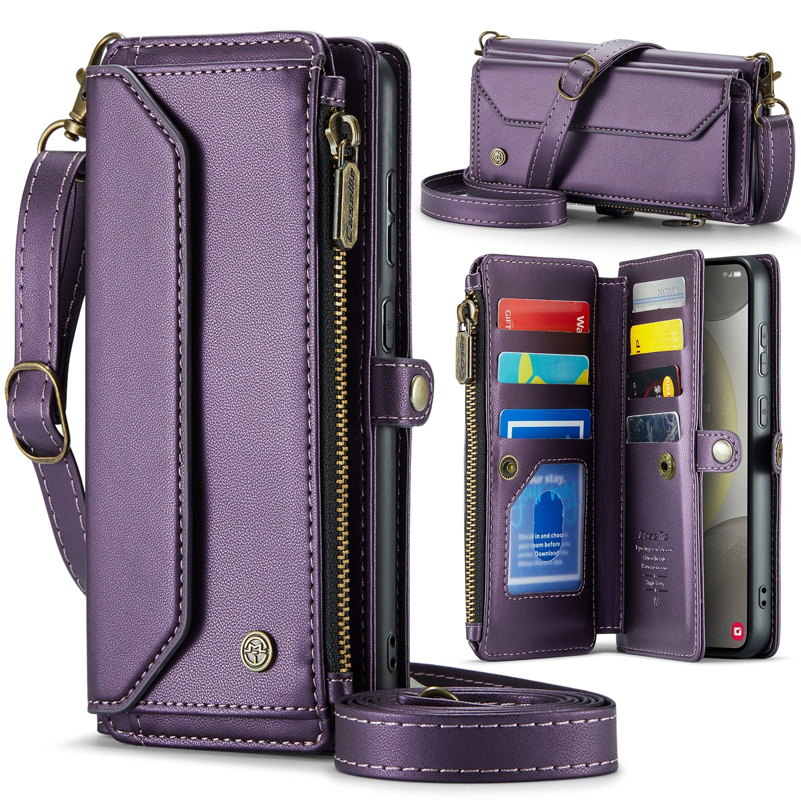 Allytechgroup Crossbody Wallet Case for Samsung Galaxy A15 5G, Shoulder Strap Hand Wrist Cards Slots RFID Blocking Large Capacity Zipper Pocket  Shockproof Phone Case for Girls Women, Purple