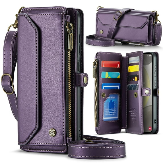 Allytechgroup Crossbody Wallet Case for Samsung Galaxy A15 5G, Shoulder Strap Hand Wrist Cards Slots RFID Blocking Large Capacity Zipper Pocket Shockproof Phone Case for Girls Women, Purple