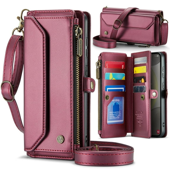 Allytechgroup Crossbody Wallet Case for Samsung Galaxy A15 5G, Shoulder Strap Hand Wrist Cards Slots RFID Blocking Large Capacity Zipper Pocket Shockproof Phone Case for Girls Women, Winered
