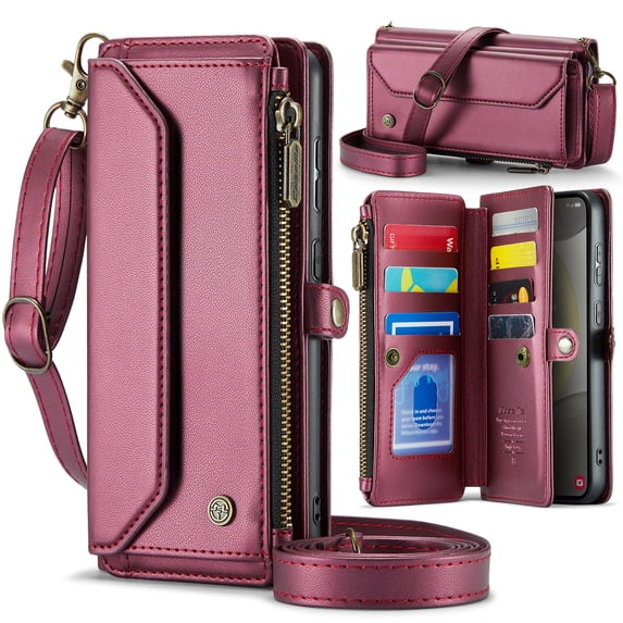 Allytechgroup Crossbody Wallet Case for Samsung Galaxy A52 4G/5G, Shoulder Strap Hand Wrist Cards Slots RFID Blocking Large Capacity Zipper Pocket Shockproof Phone Case for Girls Women, Winered