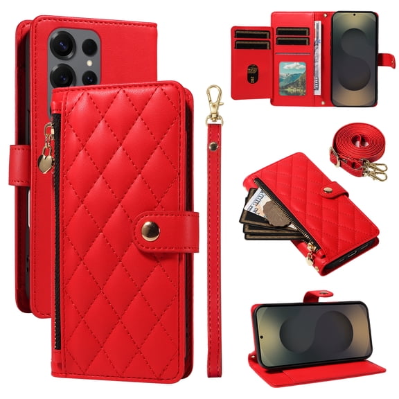 Allytechgroup Crossbody Wallet Case for Samsung Galaxy Note 20, Slim PU Leather Protective Case Cover with Cash Slot, Credit Card Holder, Shock-Absorbent Bumper with Adjustable Strap, Red