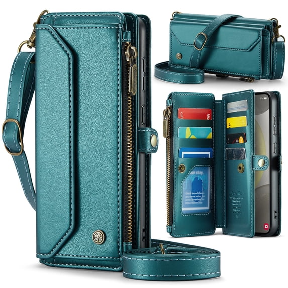 Allytechgroup Crossbody Wallet Case for Samsung Galaxy S10+, Shoulder Strap Hand Wrist Cards Slots RFID Blocking Large Capacity Zipper Pocket Shockproof Phone Case for Girls Women, Green