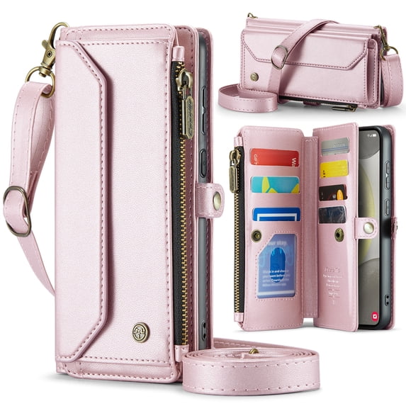 Allytechgroup Crossbody Wallet Case for Samsung Galaxy S10+, Shoulder Strap Hand Wrist Cards Slots RFID Blocking Large Capacity Zipper Pocket Shockproof Phone Case for Girls Women, Pink
